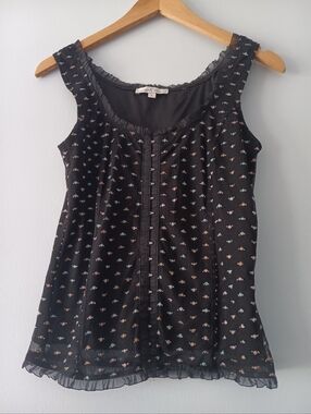 Moa Moa Black Micro Print Mesh Corset Ruffle Style Y2K Whimsy Top L